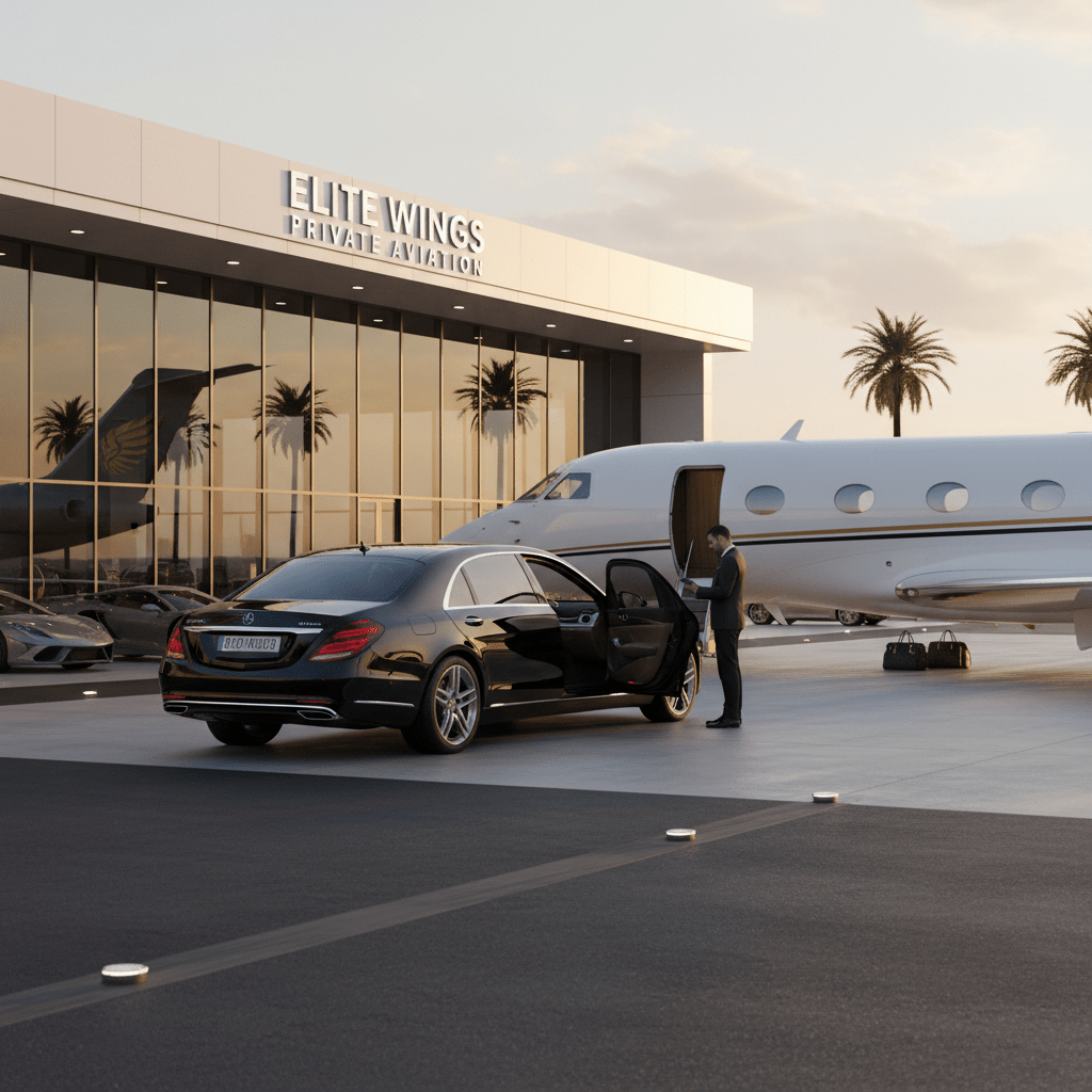 A luxurious Mercedes S-Class waiting at a private jet terminal