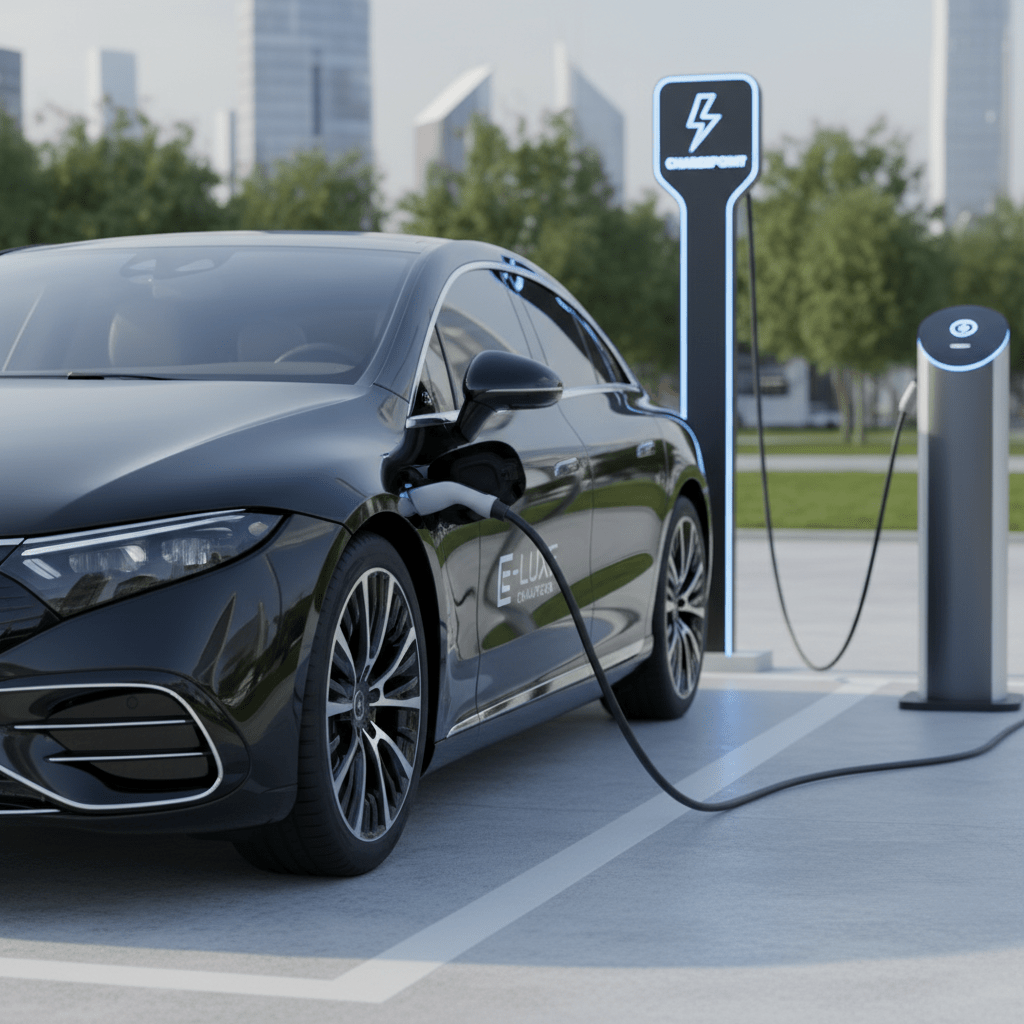 A sleek electric chauffeur vehicle, like the Mercedes EQS, charging