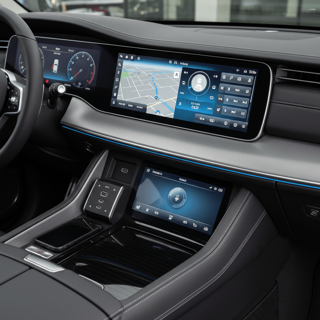 A close-up of the in-car technology console in a Jetclass, with touch screens and connectivity ports.