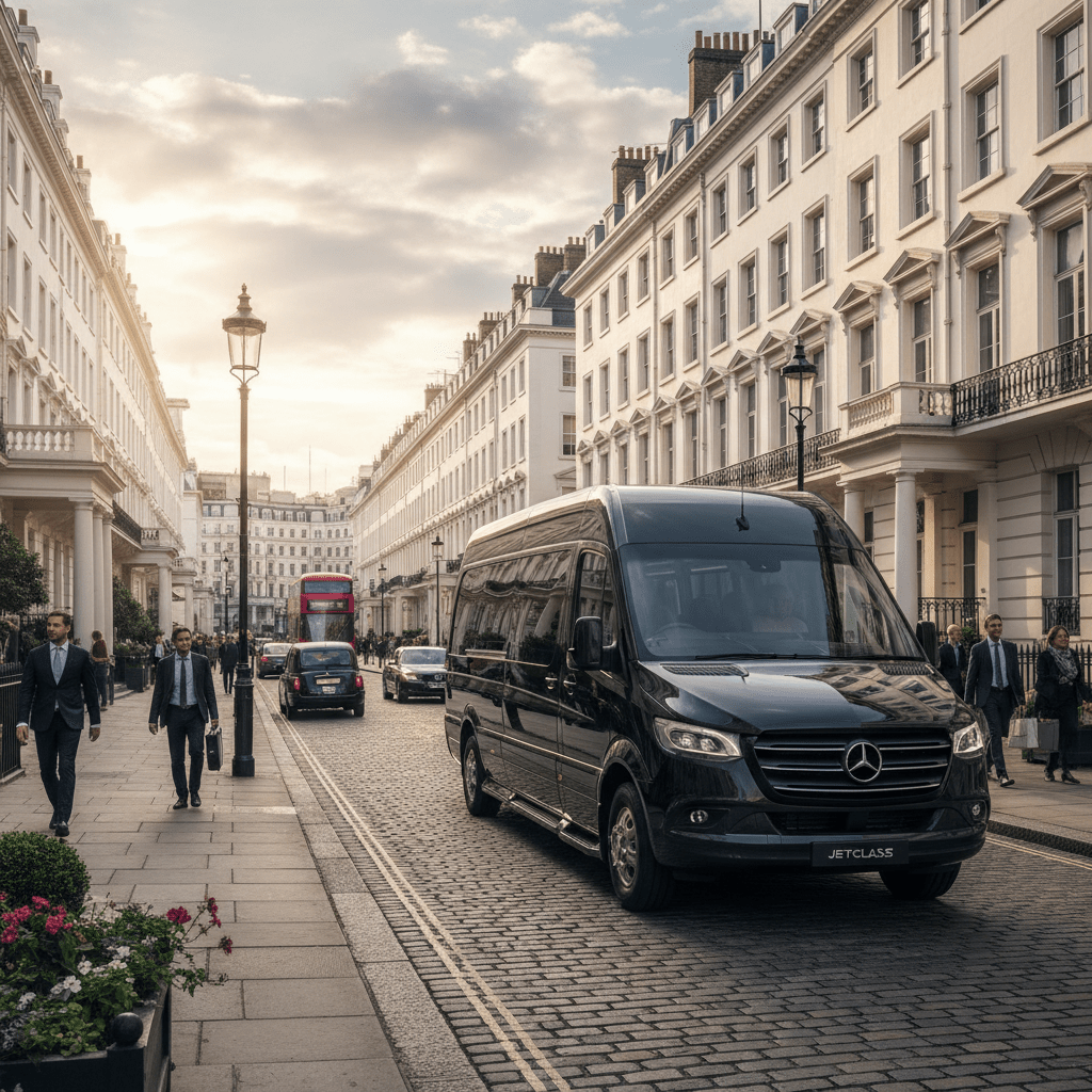 A Mercedes Jetclass van driving through a prestigious London street like Mayfair or Belgravia.