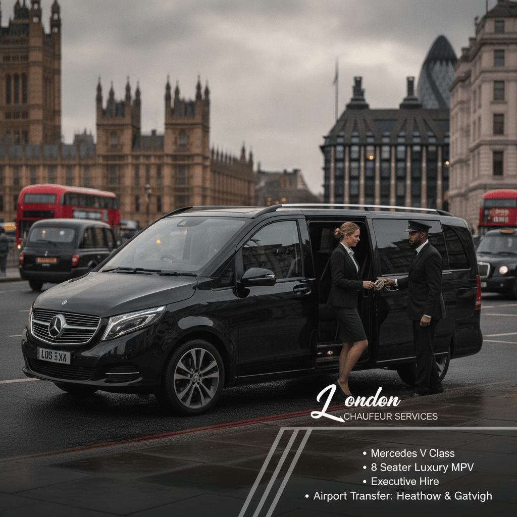 Mercedes V Class Chauffeur London V Class Chauffeur Service London 8 Seater Chauffeur Service London Luxury MPV Chauffeur London Executive V Class Hire London Mercedes V Class Airport Transfer Heathrow V Class Transfer Gatwick V Class Chauffeur Group Airp