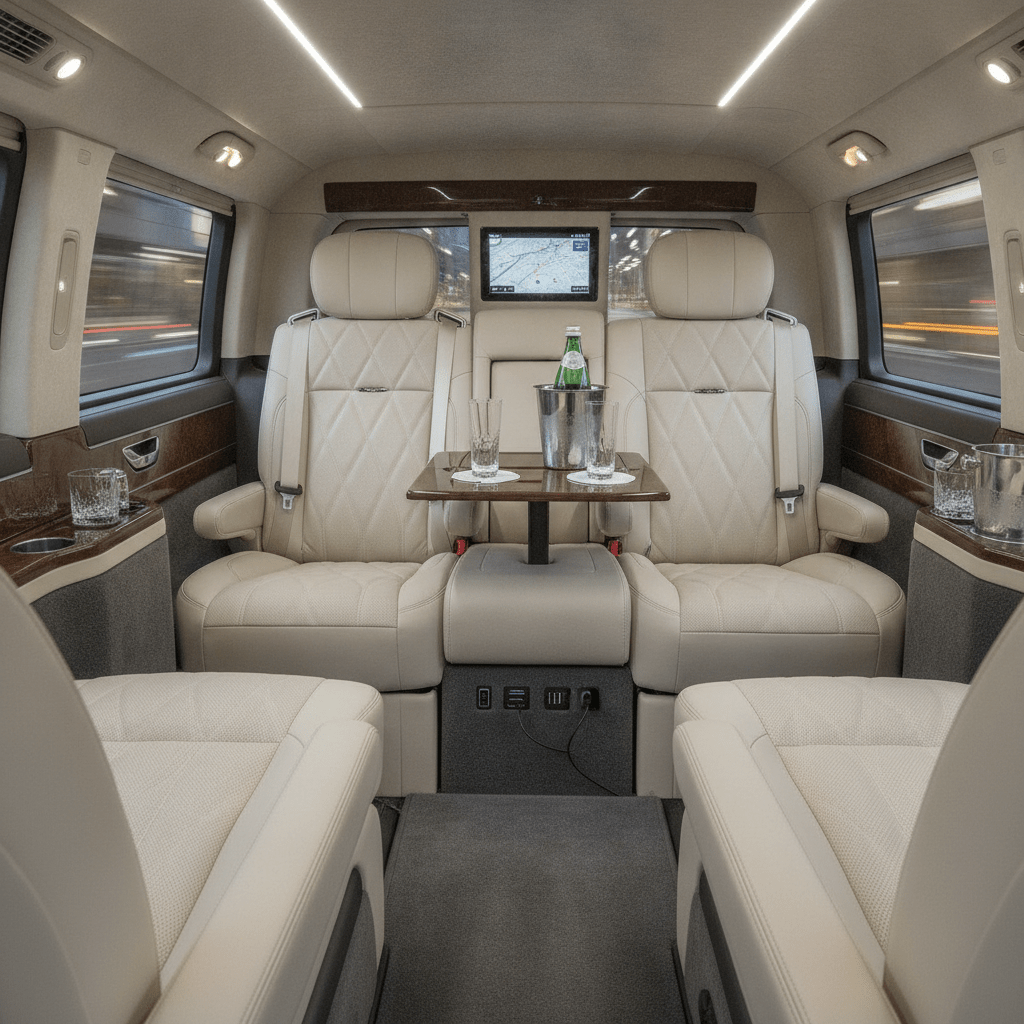 Interior of a luxury chauffeur vehicle with leather seats and amenities