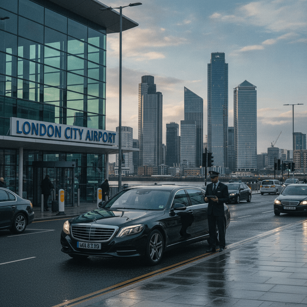 A chauffeur-driven car waiting outside London City Airport with Canary Wharf in the background