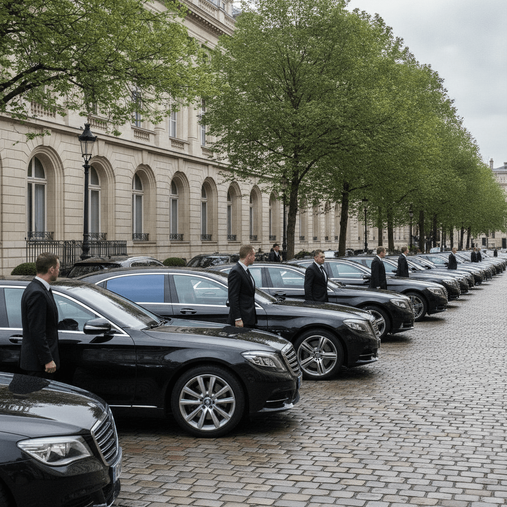 A fleet of black luxury chauffeur cars lined up