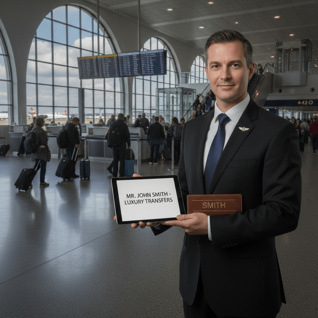 Professional chauffeur holding a name board in an airport arrivals hall